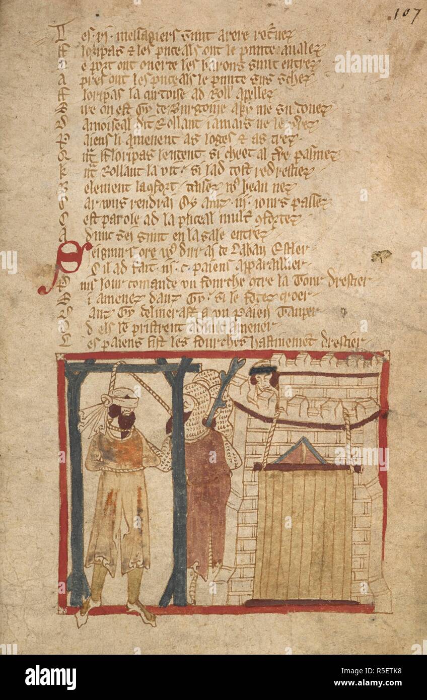 Guy led bound to the gallows. ROMANCES in French verse ... 14th century. Source: Egerton 3028 f.107. Author: Wace, Canon of Bayeux. Stock Photo