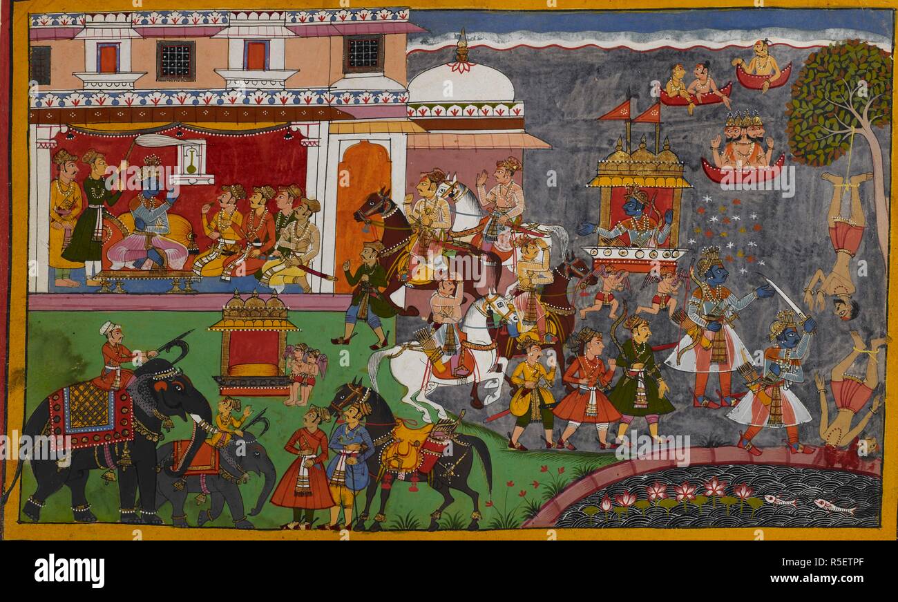 Rama tours his kingdom. Rama is seen summoning the Pushpaka chariot on the  left and disembarking the chariot on the right. Rama discovers a shudra  practising penance and kills him by cutting