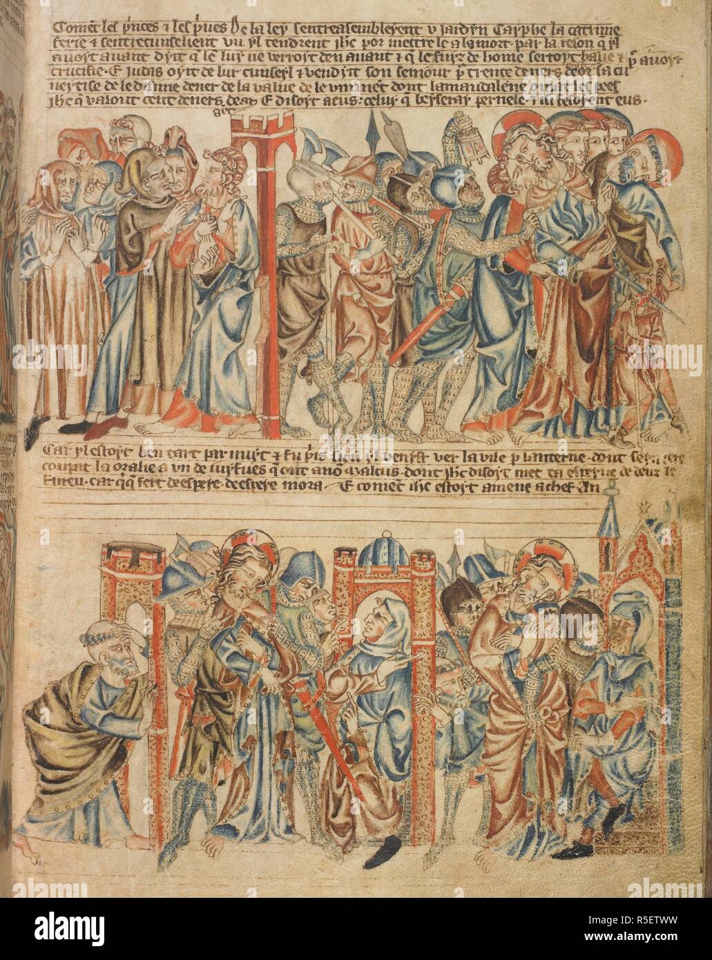 Judas is paid, his betrayal of Christ; the arrest of Christ; Christ before the High Priest. Holkham Bible Picture Book. England, circa 1320-1330. Source: Add. 47682, f.29. Stock Photo