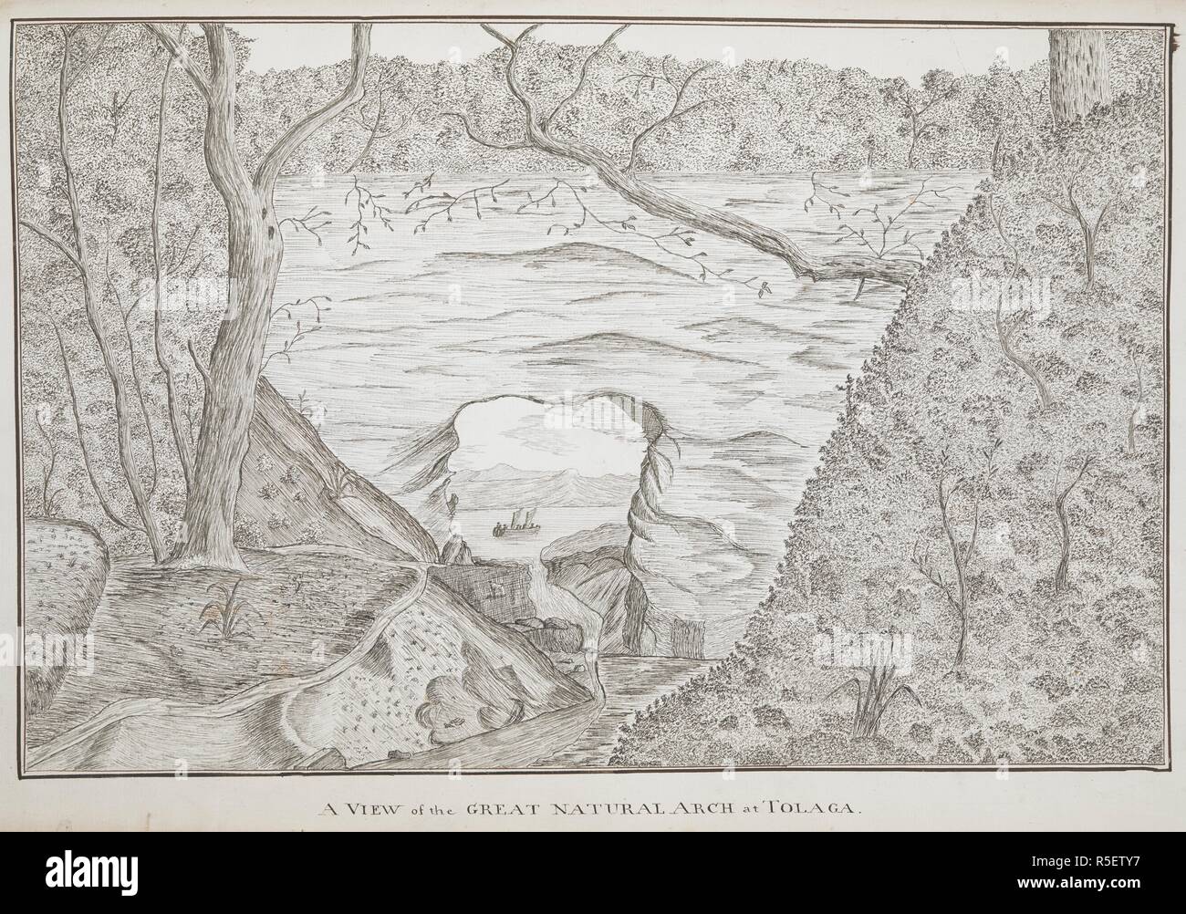 A view of the great natural arch at Tolaga; drawn by Lieut. James Cook. Charts, Plans, Views, and Drawings taken on board the Endeavour during Captain Cook's First Voyage, 1768-1771. 1769. Source: Add. 7085, No.22. Stock Photo