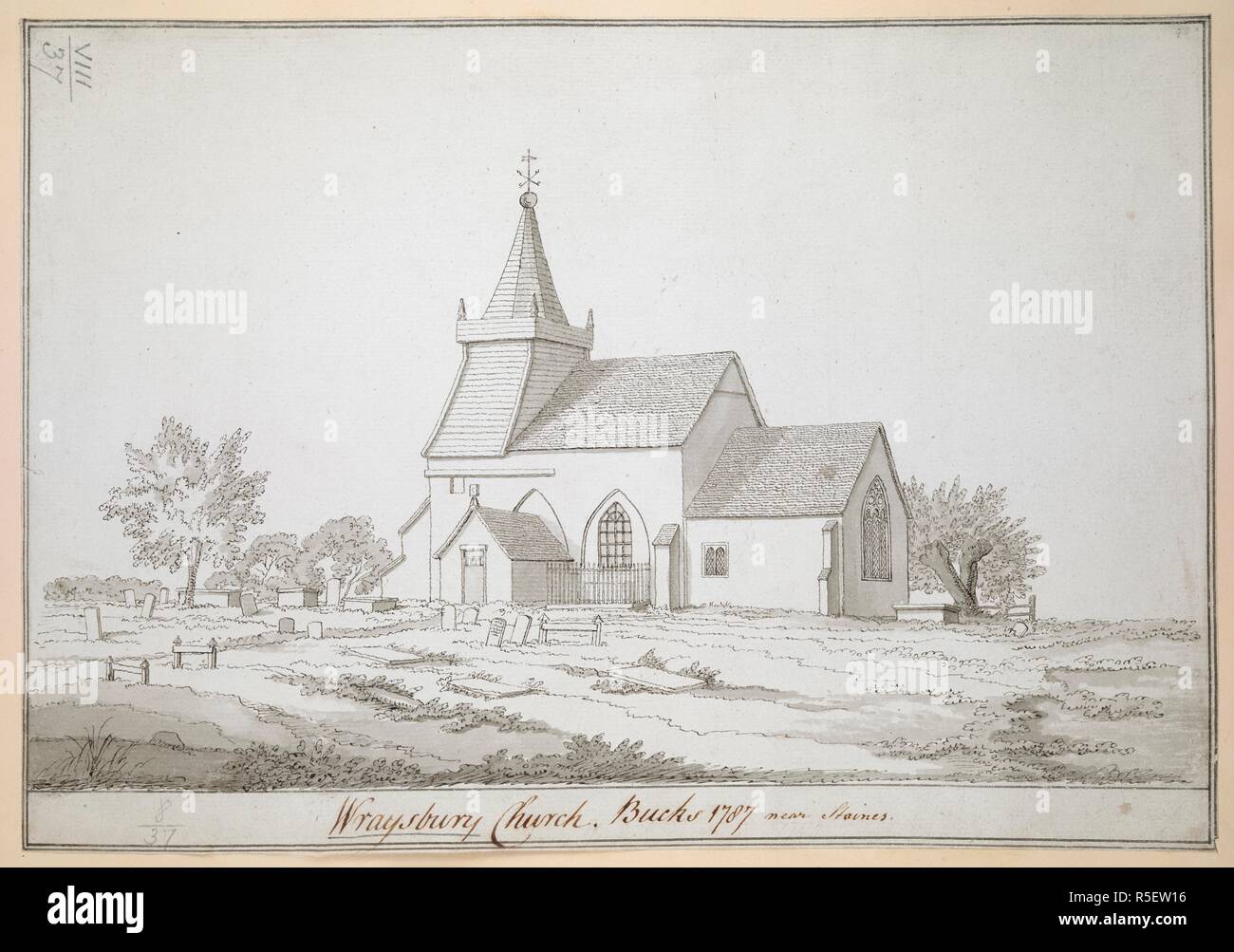 St. Andrew's Church, Wraysbury; the graveyard in the foreground and to the left; trees behind. Wraysbury Church, Bucks 1787 near Staines. 1787. Source: Maps K.Top.8.37. Language: English. Author: Grimm, Samuel Hieronymous. Stock Photo