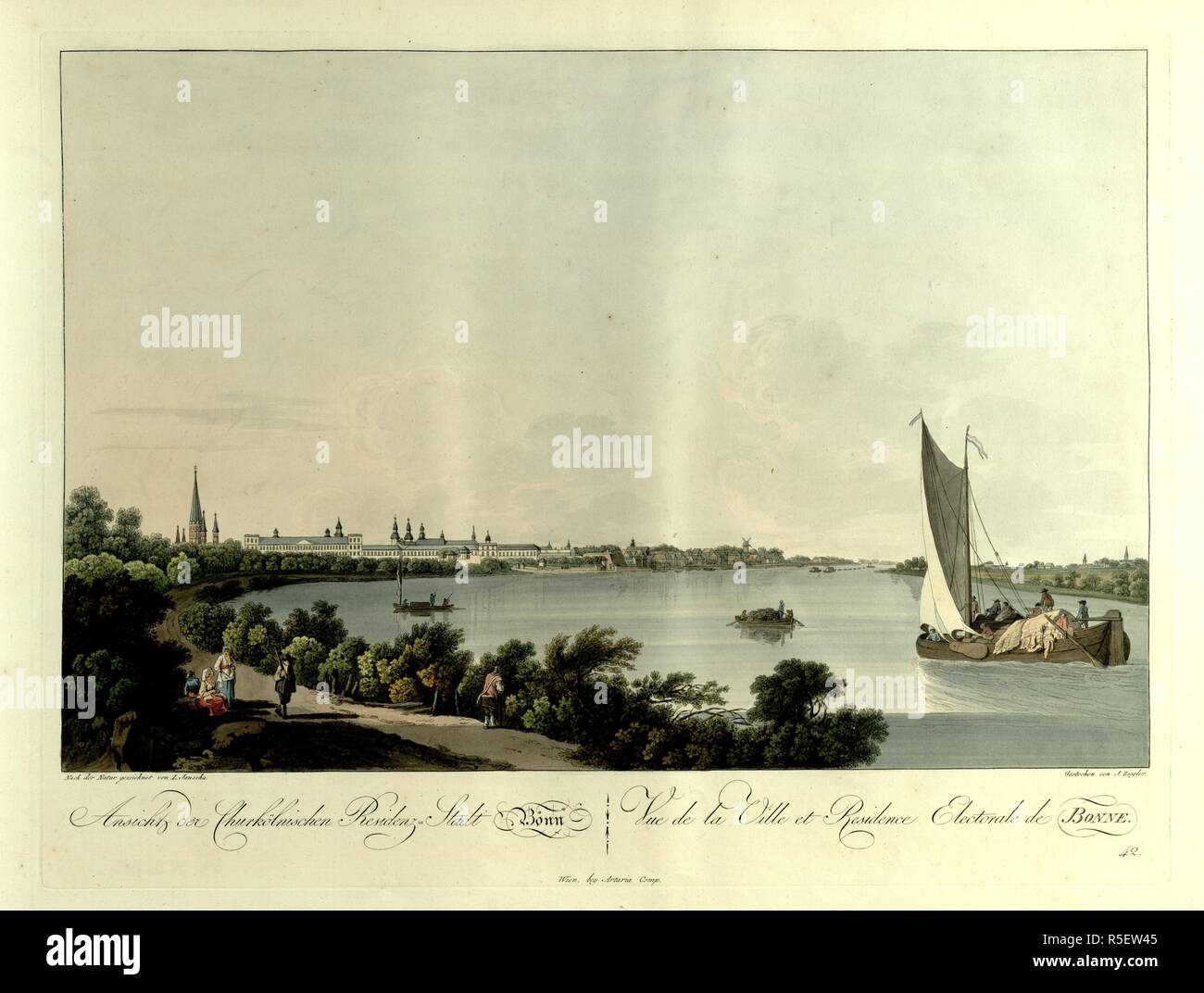 Five figures on a road by the Rhine in the foreground, with a sailboat on the right and a view of Bonn, its Minster and the KurfÃ¼rstliches Schloss in the background. Ansicht der ChurkÃ¶lnischen Residenz Stadt Bonn = Vue de la Ville et Residence Electorale de BONNE. Wien : bey Artaria Comp., [1798]. hand-coloured etching. Source: Maps 6.Tab.12, plate 47. Language: German and French. Author: Ziegler, J. Stock Photo