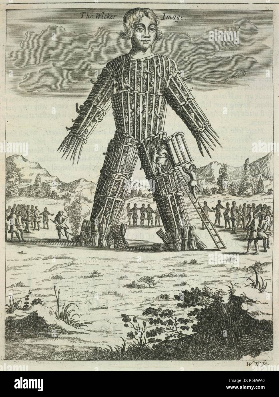 A wicker man, filled with human sacrifices, waiting to be burned. The wicker man ritual was described by Julius Caesar in Book Six of The Gallic War, in which he describes the customs of the Celts of Gaul. Britannia Antiqua Illustrata: or, the antiquities of Ancient Britain, with a chronological history of this kingdom, etc. For the author: London, 1676. Source: C.83.k.2, opposite 105. Language: English. Author: AYLETT SAMMES. Stock Photo