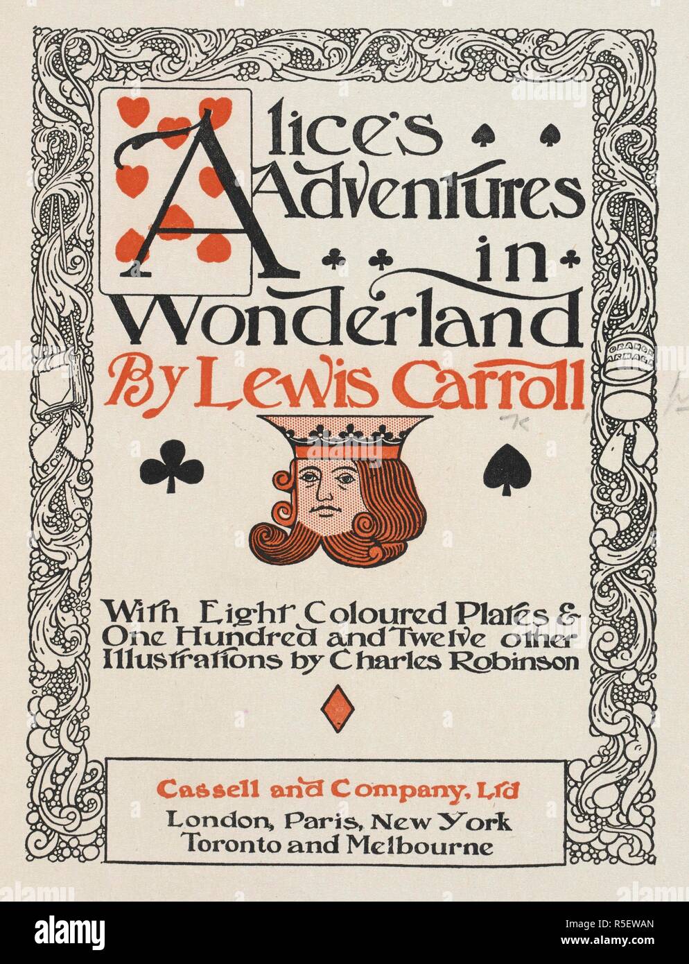 Illustrated title page. Alice's Adventures in Wonderland ... With eight coloured plates & one hundred and twelve other illustrations by Charles Robinson.. London : Cassell & Co., 1907. Source: 12813.s.17 Title page. Author: Robinson, Charles. Dodgson, Charles Lutwidge, pseud. Lewis Carroll. Stock Photo