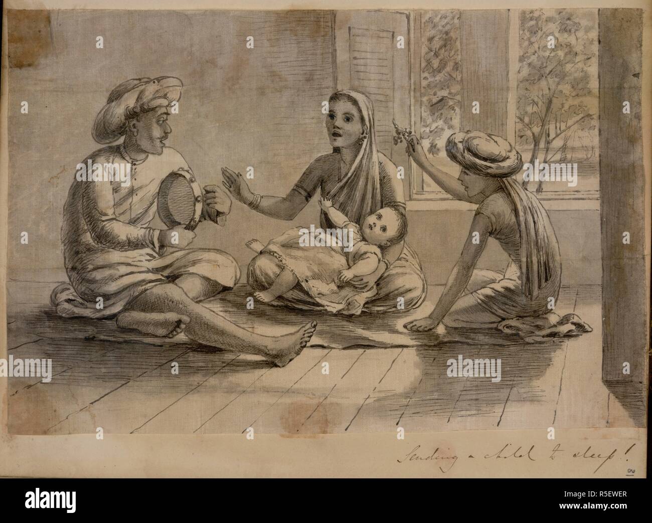â€˜Sending a child to sleepâ€™!. Three figures attempting to get a child to go to sleep. Album with sixty-seven humorous drawings of domestic and social life, mainly in Western India, made soon after the Hancocksâ€™ arrival. 1865 - 1866. Source: WD 3871, f.31. Language: English. Stock Photo