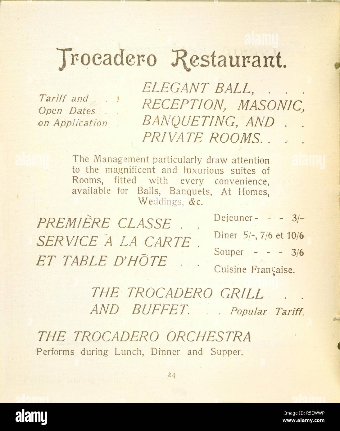 A guide to the Trocadero Restaurant and tariff. How they dined us in 1860 and how they dine us now. [A souvenir booklet issued by the Trocadero Restaurant. With illustrations.].. [London, c. 1900.]. Source: 10109.m.19, page 24. Language: English. Author: Scott, Clement William. Stock Photo