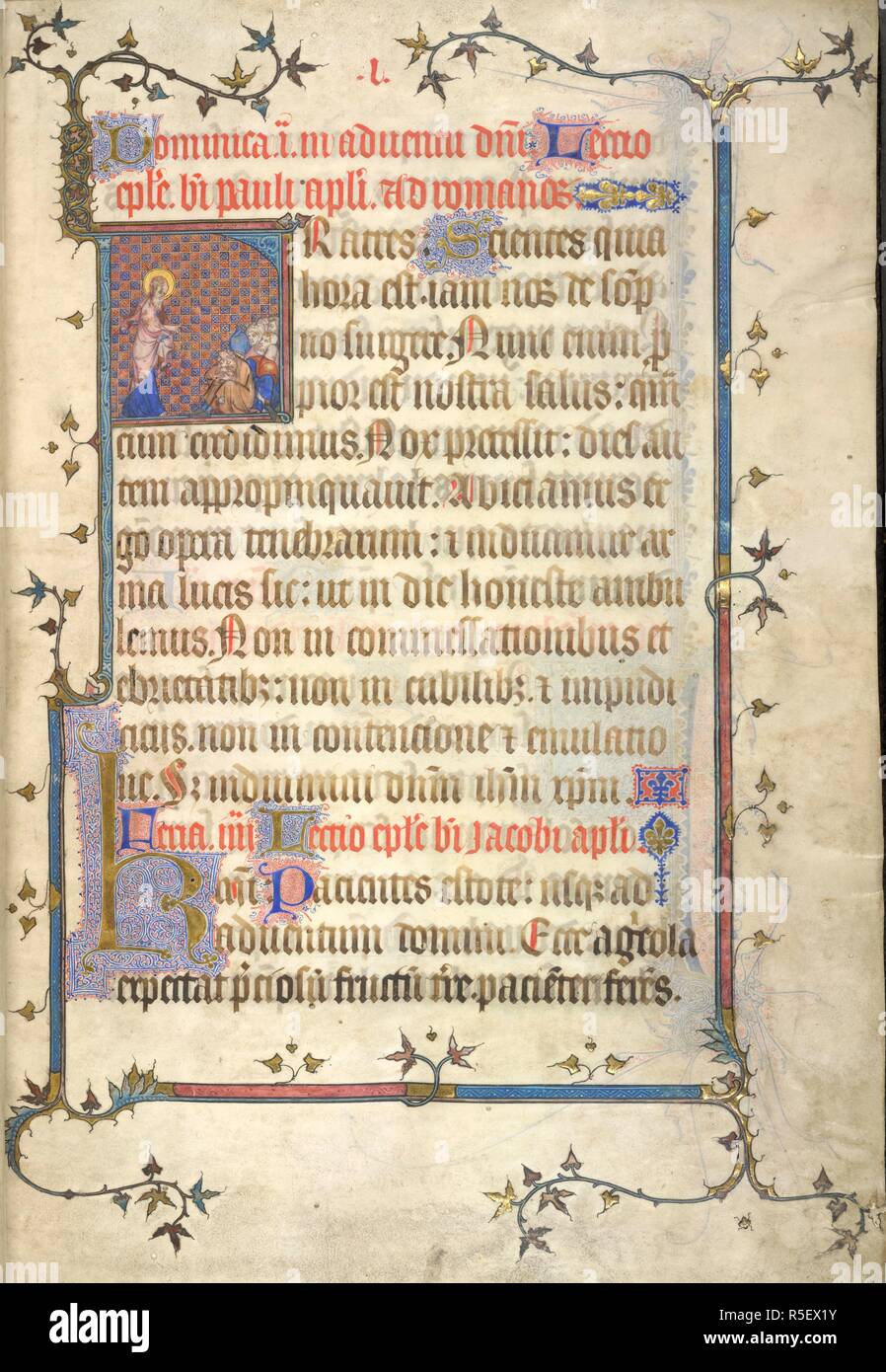 Historiated initial 'F'(ratres) of Paul preaching to the Romans, with a full bar border, at the reading for the first Sunday in Advent, at the beginning of the Epistolary. Epistolary of the Sainte-Chapelle, Use of Paris. France, Central (Paris); 2nd or 3rd quarter of the 14th century. Source: Yates Thompson 34, f.1. Language: Latin. Stock Photo