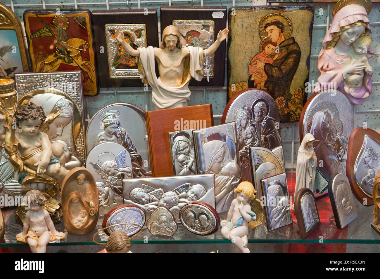 Spain, Barcelona, The Gothic Quarter, Religious Icons Shop Window ...