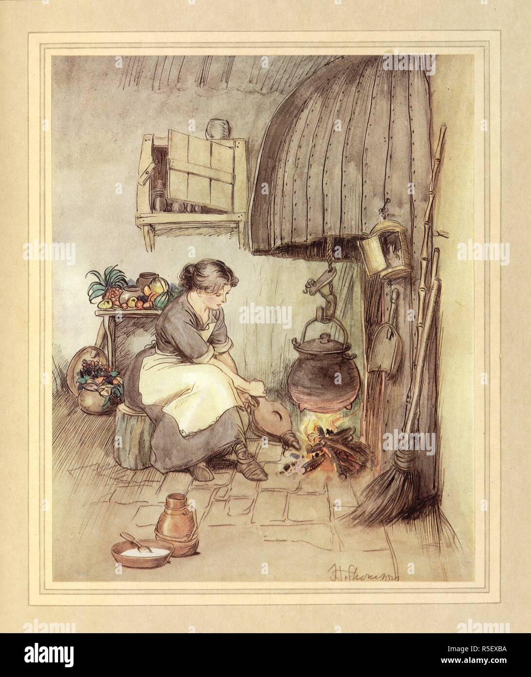 A young woman making a fire. The Admirable Crichton ... Illustrated by Hugh Thomson. Hodder & Stoughton: London, [1914.]. Source: K.T.C.102.b.3, page 136. Language: English. Stock Photo