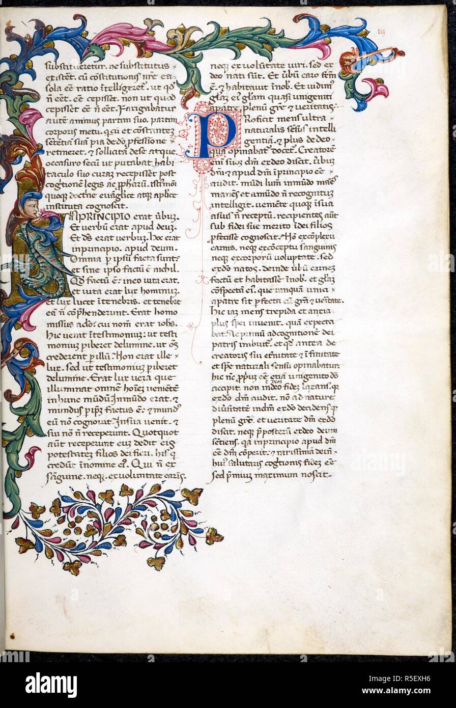 Historiated initial 'I'(n principio) in the shape of a hybrid creature, combined with a three-sided border foliate decoration including acanthus leaves. De Trinitate. Italy, Central (Florence); 1st quarter of the 15th century. Source: Harley 4949, f.3. Language: Latin. Stock Photo