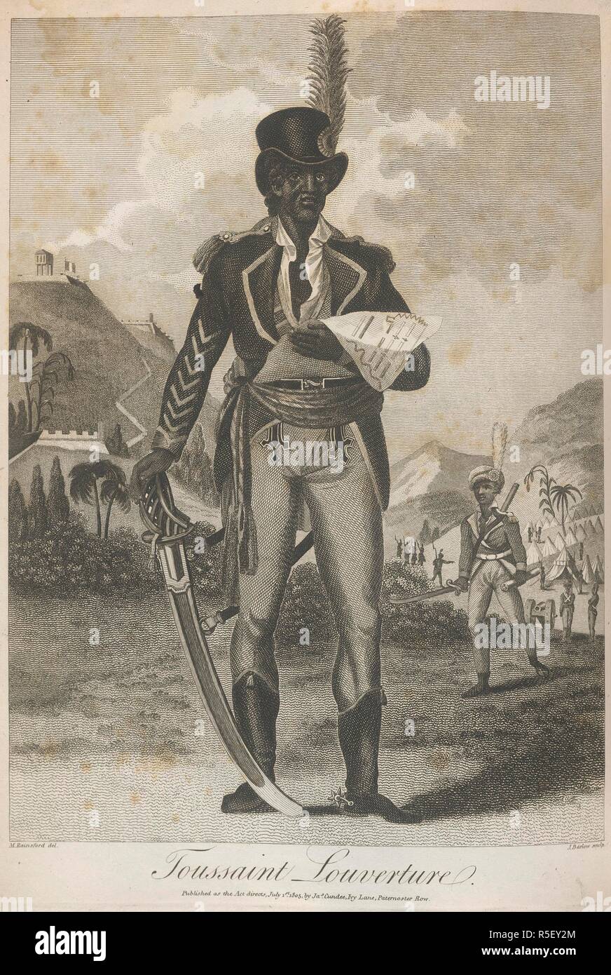 Toussaint Louverture. (1746-1803). Haitian revolutionary leader. An historical account of the black empire of Hayti. London, 1805. Toussaint Louverture (1746-1803). Haitian revolutionary leader. Born a slave, he became a general in the French army but after driving out the British and Spanish expeditions, he took control of the island. Napoleon sent an expedition to restore restore control and the re-establishment of slavery. He was treacherously seized from a meeting, imprisoned and died of neglect in prison. Portrait. Image taken from An historical account of the black empire of Hayti ( Hait Stock Photo