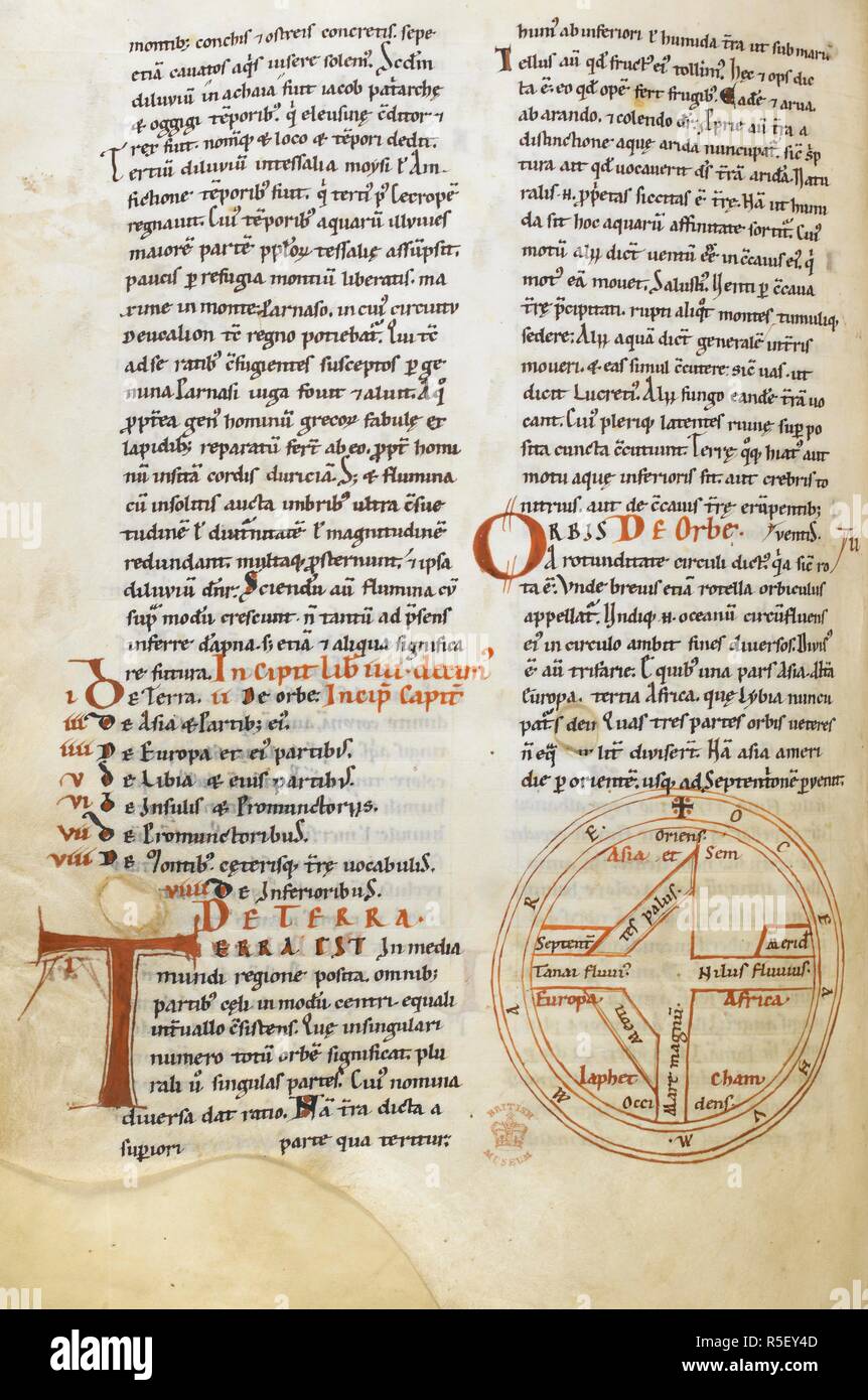 Decorated initial and diagram of the Earth. Etymologiae, and De natura rerum (ff. 33-48v), with letters between Isidore and Braulio (ff. 1v-3). Germany; 1136. Source: Harley 2660, f.123v. Language: Latin. Stock Photo