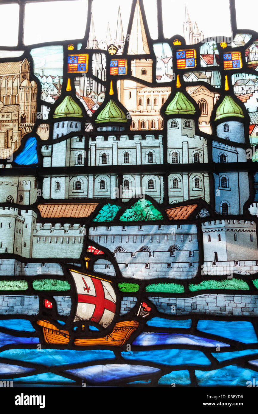 England, London, The City, All Hallows By The Tower Church, Stained Glass Window depicting River Thames and Tower of London Stock Photo