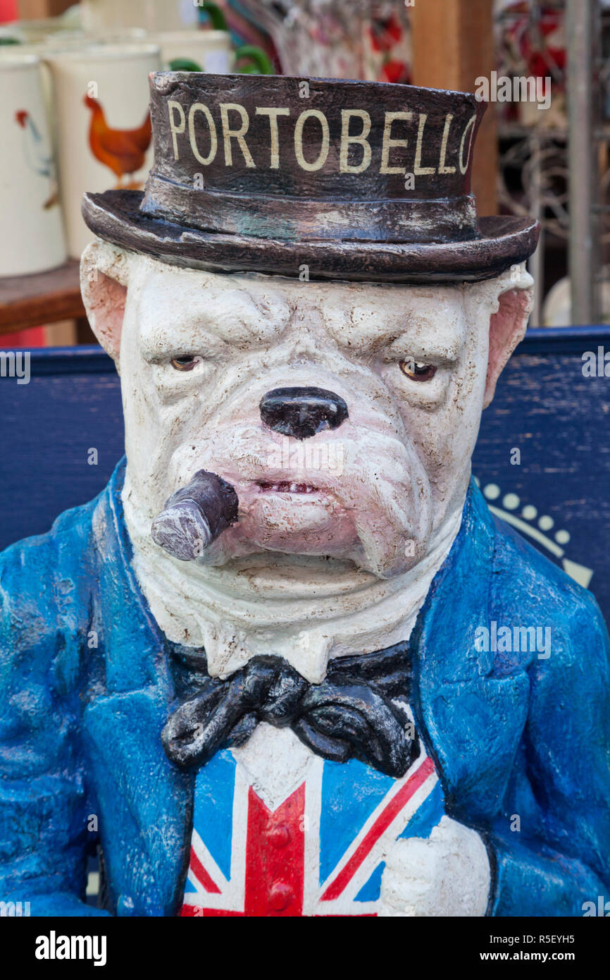 England, London, Nottinghill, Portobello Road, Antique Shop Display, Bulldog Statue Stock Photo