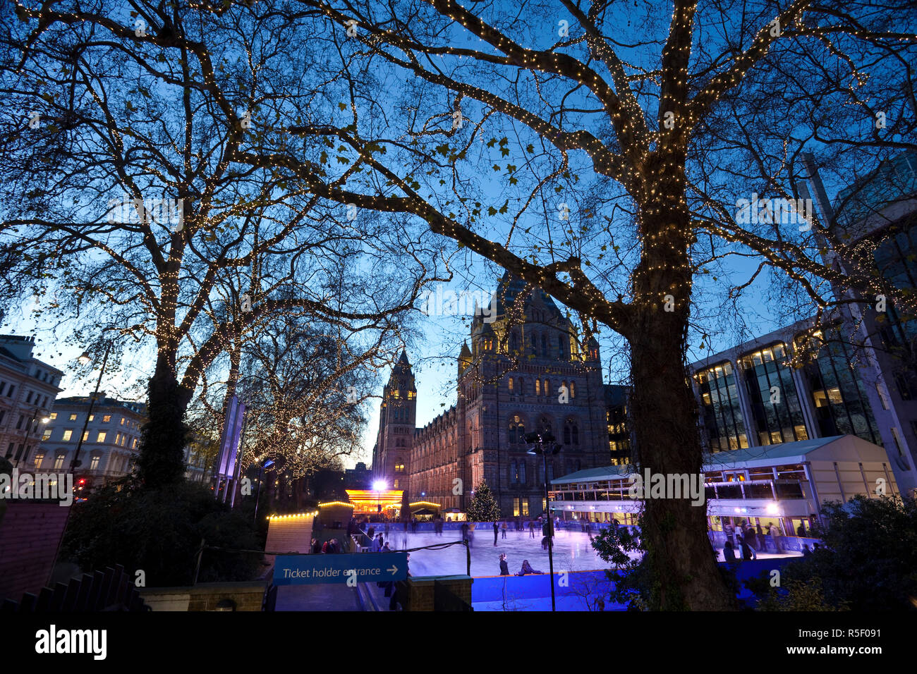 Ice rink by Natural History Museum, Exhibition Road, South Kensington, London, England Stock Photo