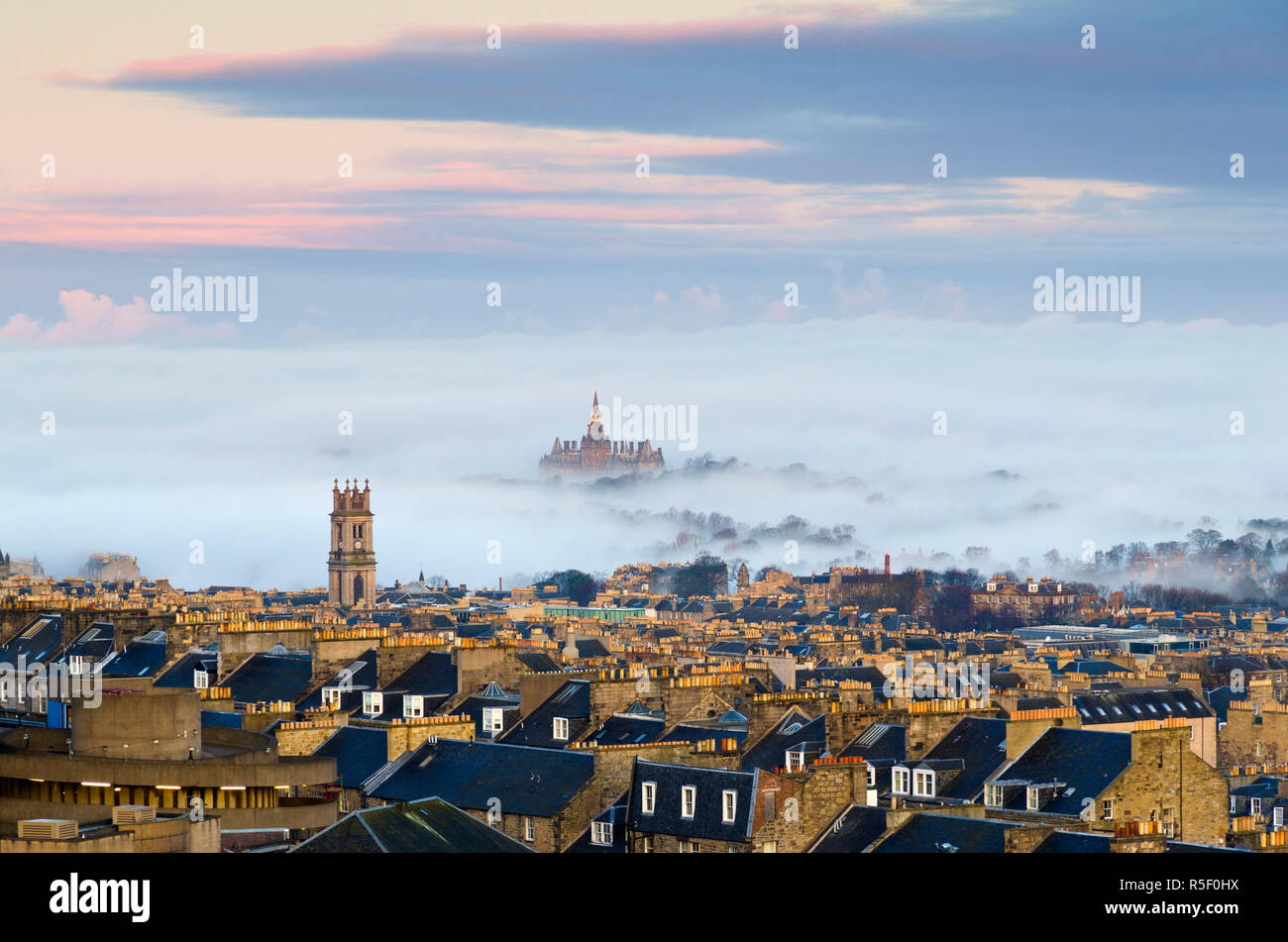 UK, Scotland, Edinburgh, New Town rooftops, St. Stephen's Church and Fettes College Stock Photo
