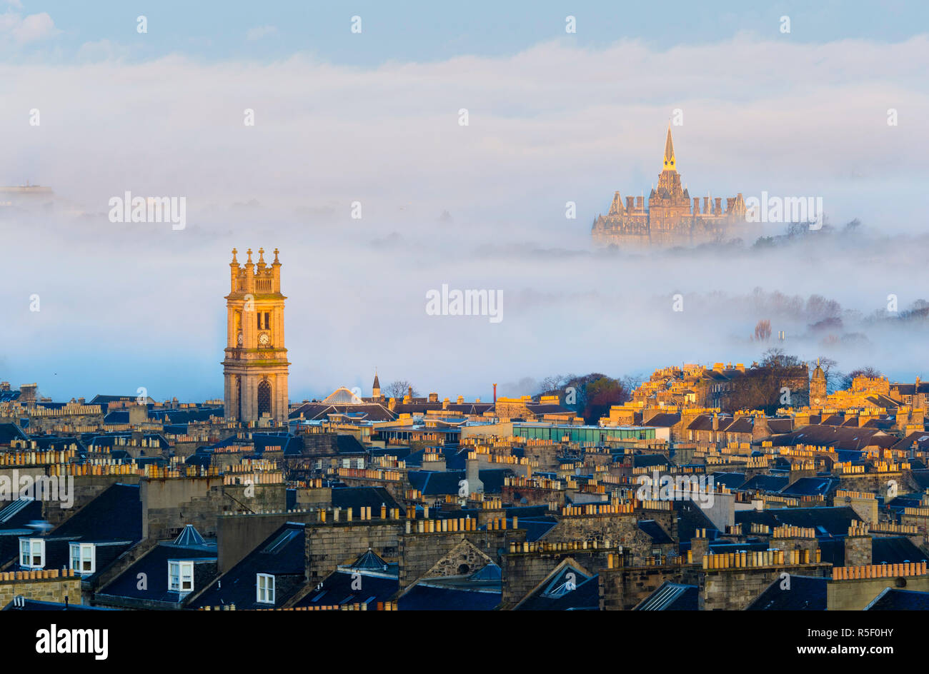 UK, Scotland, Edinburgh, New Town rooftops, St. Stephen's Church and Fettes College Stock Photo