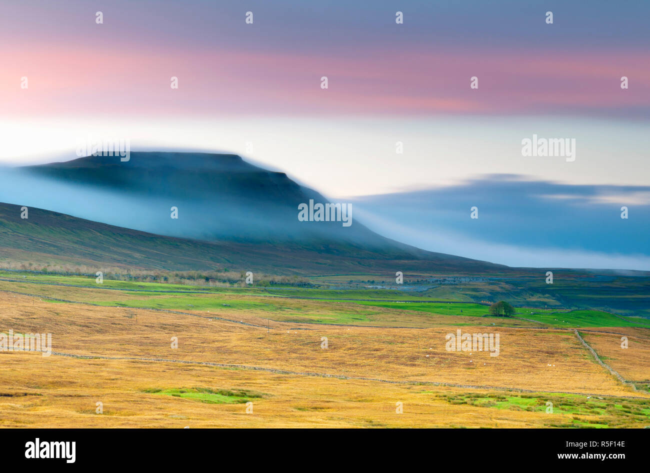 UK, England, North Yorkshire, Ribble Valley and Ingleborough Mountain on left, one of the Yorkshire Three Peaks Stock Photo