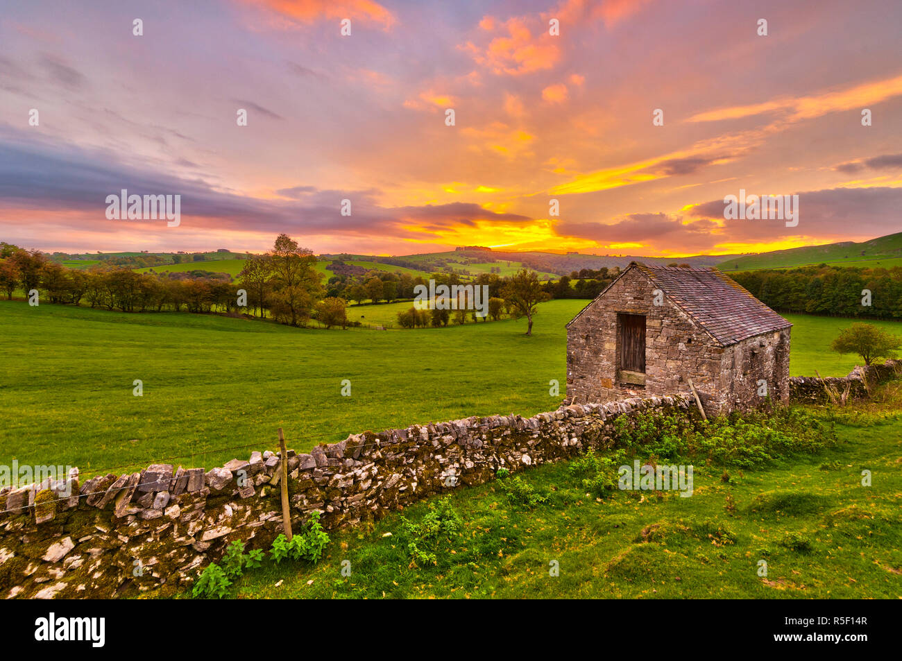 UK, England, Derbyshire, Peak District National Park, River Manifold Valley near Ilam,dry stone wall and barn Stock Photo