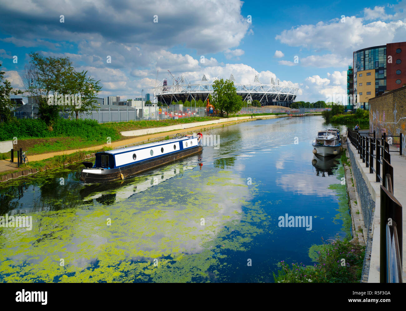UK, England, London, Hackney Wick, River Lee Navigation and London 2012 Olympic Stadium Stock