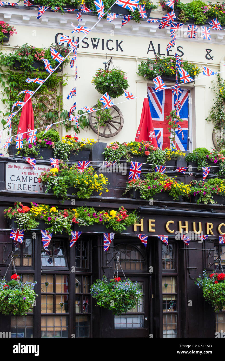 English pub with union jack flags hires stock photography and images