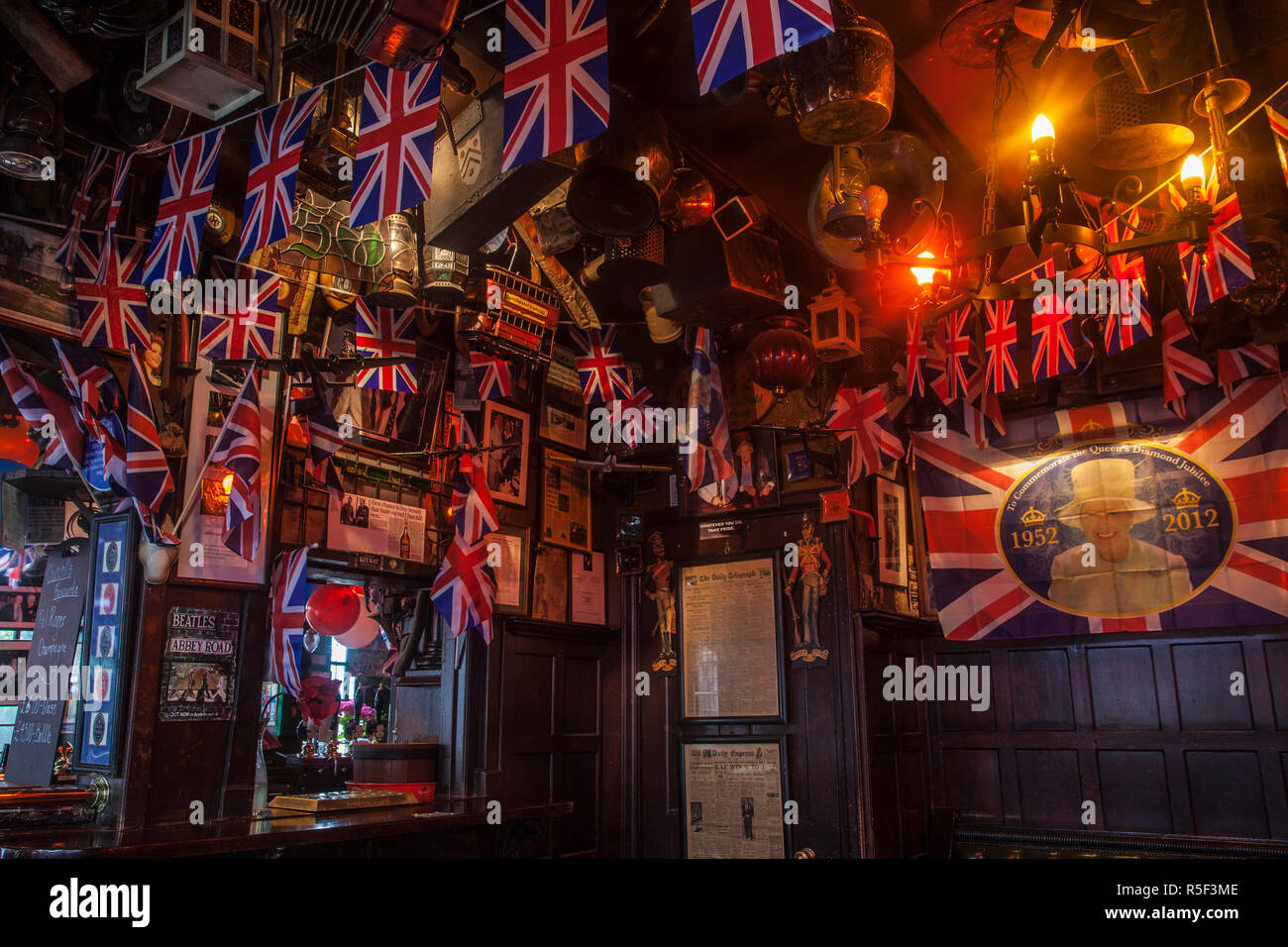UK, England, London, Kensington, The Churchill Arms Pub with Union Jack
