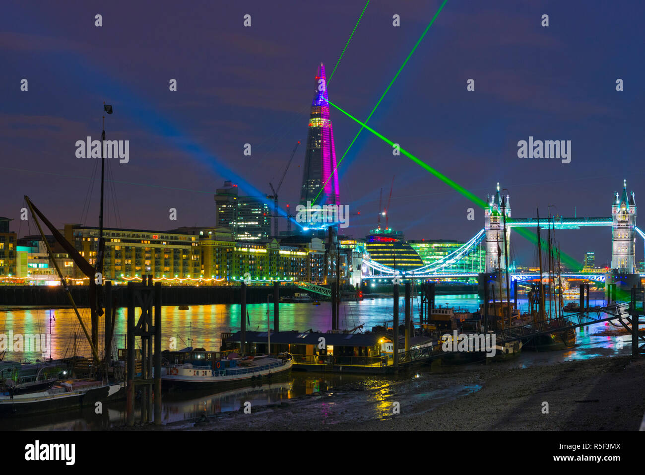 UK, England, London, River Thames, The Shard and Tower Bridge, Topping-Out Celebrations Stock Photo