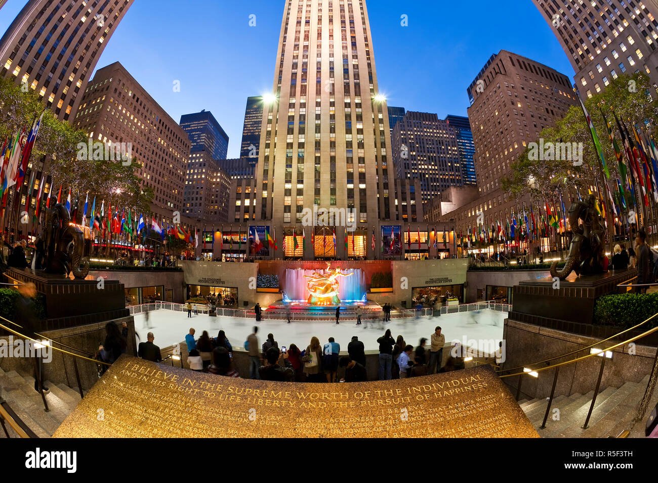 USA, New York City, Manhattan, Ice Skating Rink below the Rockefeller