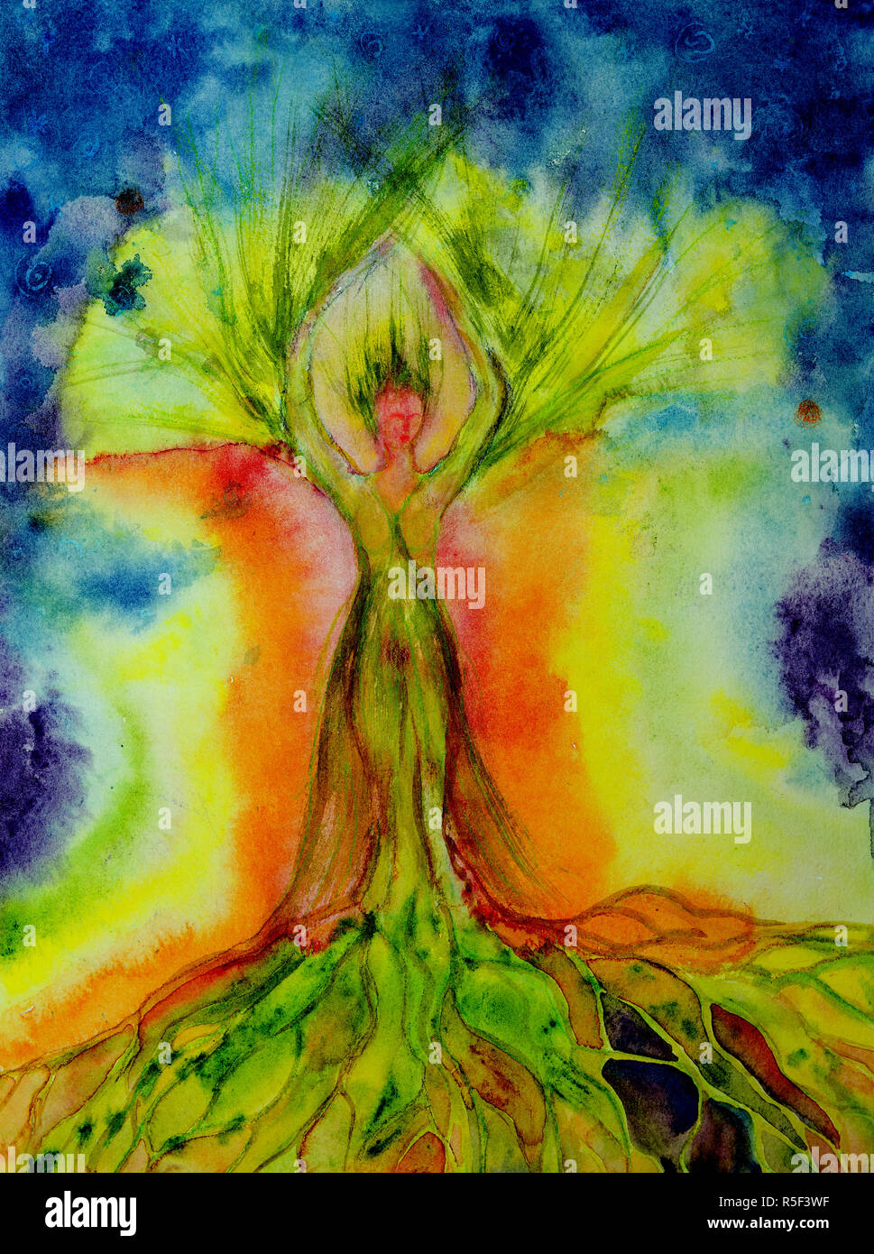 Psychedelic woman tree of life with aura. The dabbing technique near the edges gives a soft focus effect due to the altered surface roughness of the p Stock Photo