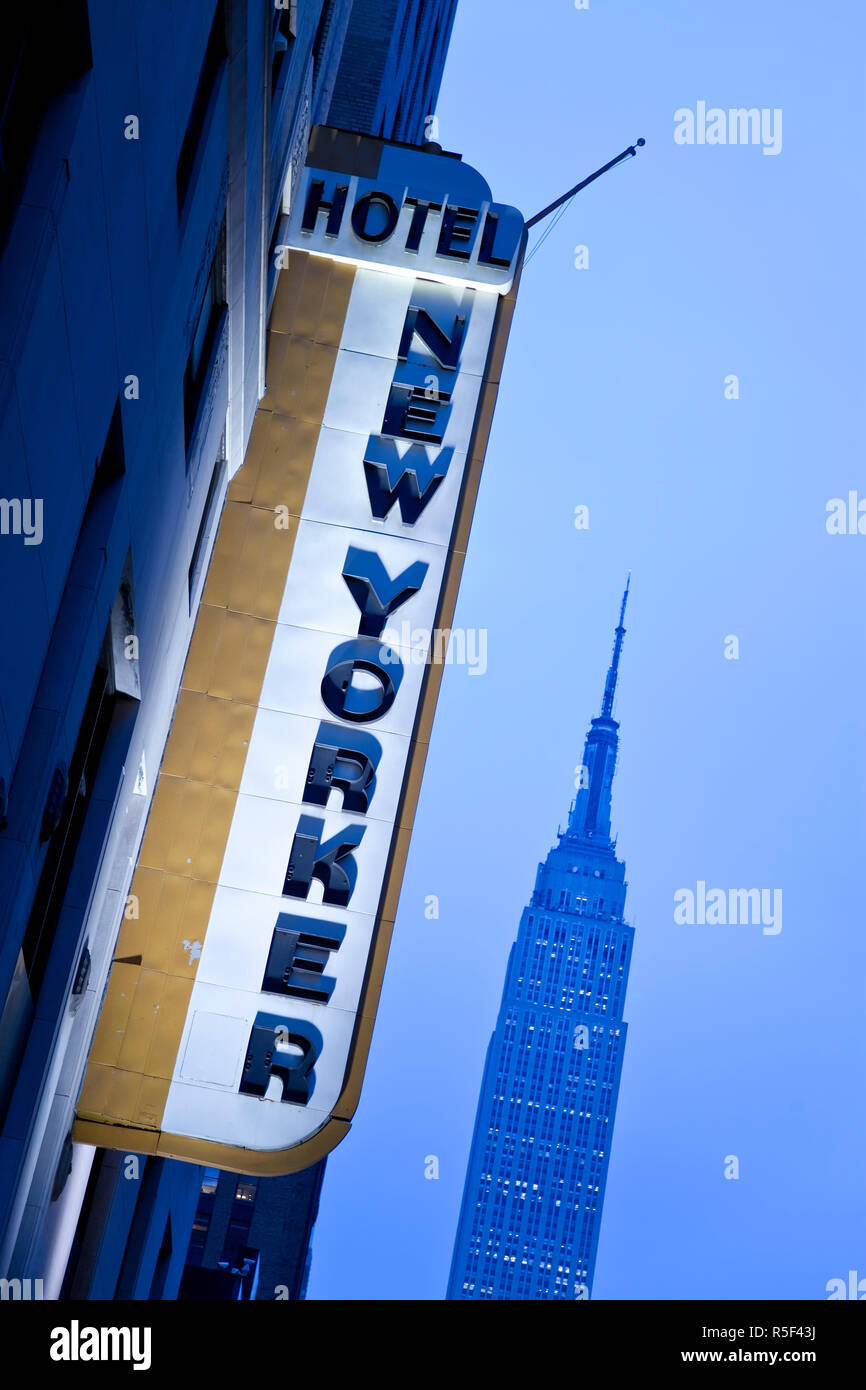 USA, New York City, Manhattan, New Yorker Hotel and Empire State Building Stock Photo