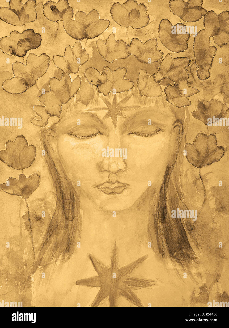 Female buddha with lotus flowers in sepia tones. The dabbing technique near the edges gives a soft focus effect due to the altered surface roughness o Stock Photo