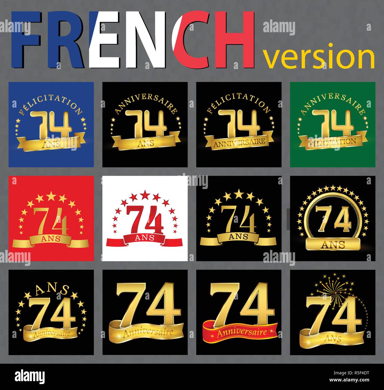 Set Of Number 74 Seventy Four Years Celebration Design Anniversary Golden Number Template Elements For Your Birthday Party Translated From The Fre Stock Vector Image Art Alamy