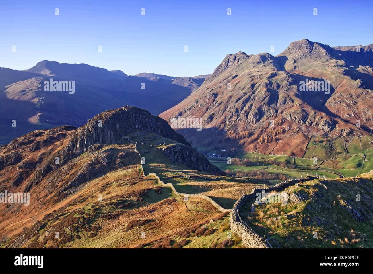 Lake District National Park in the autumn, Langdale Pikes from Lingmoor Fell Stock Photo