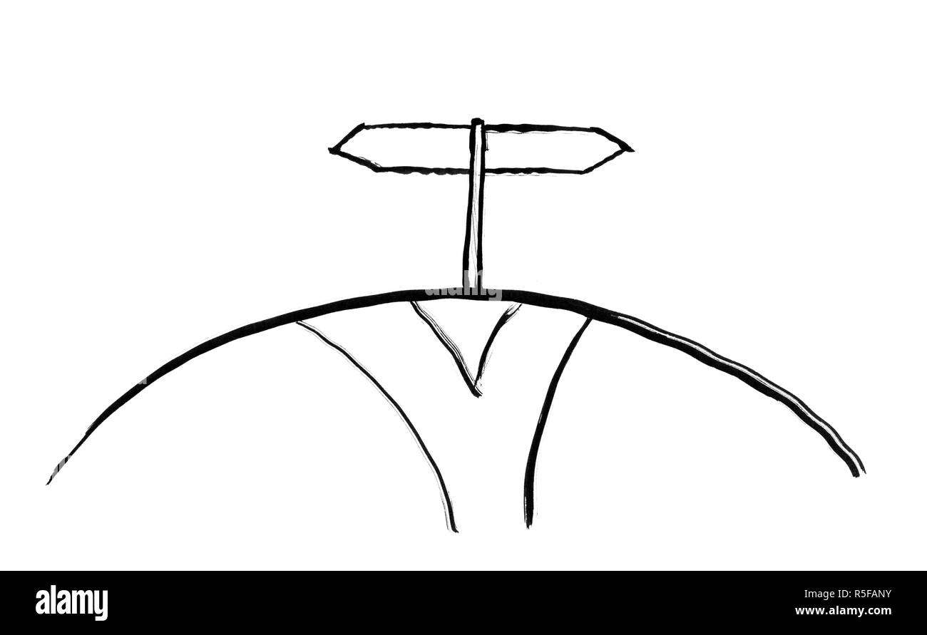 Black Ink Grunge Hand Drawing of Path and Two Arrow Road Sign Stock Photo