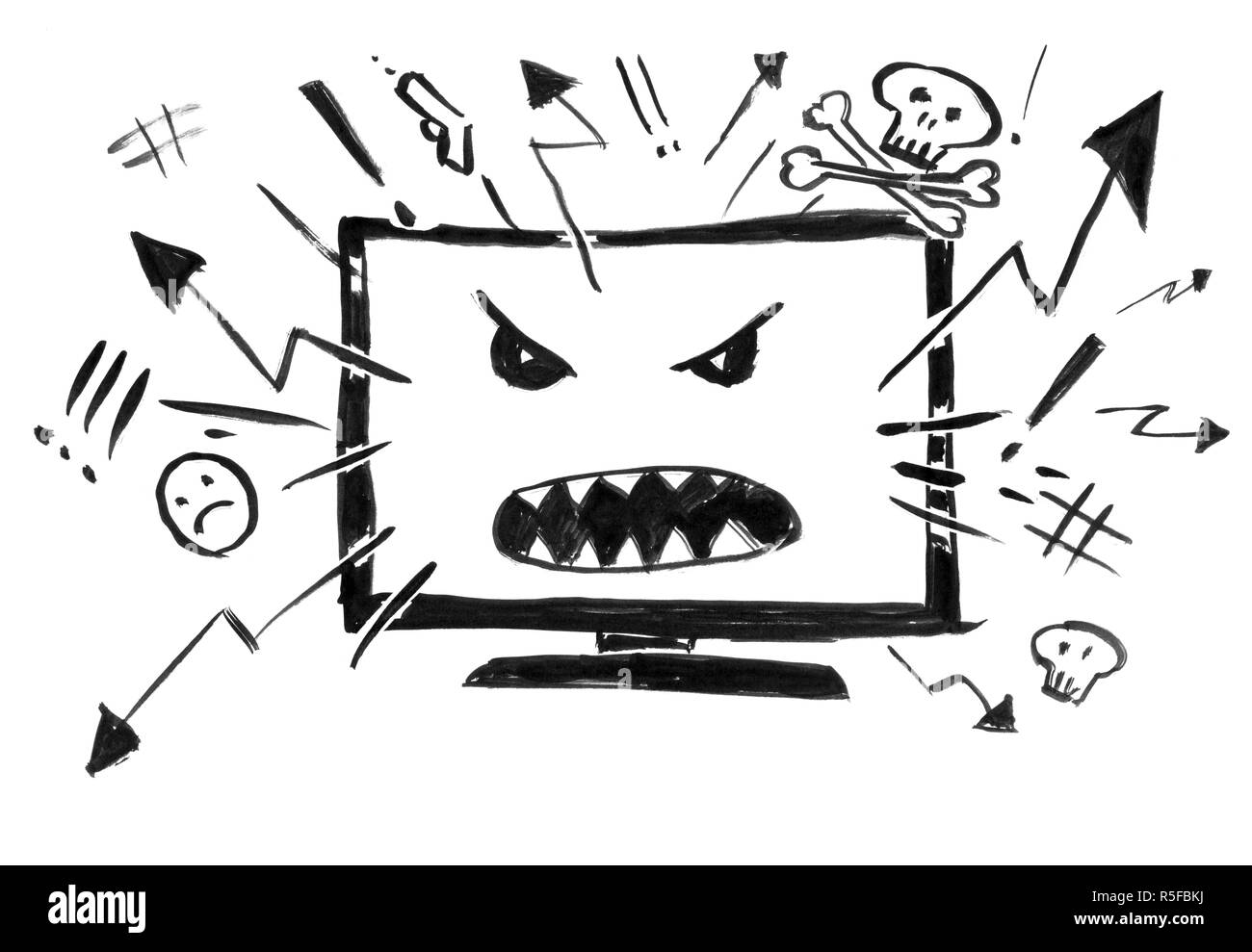 Black Ink Grunge Hand Drawing of Cartoon Television or Internet Showing Only Violence and Hatred Stock Photo