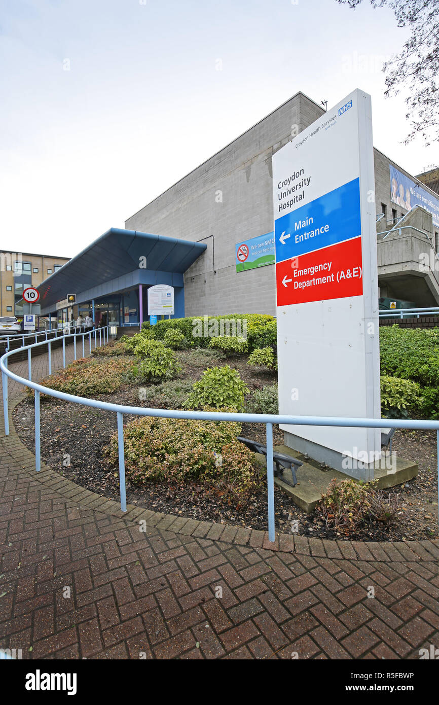 The main entrance to Croydon University Hospital in South London, UK. A typical regional hospital comprising Victorian buildings and modern extensions Stock Photo