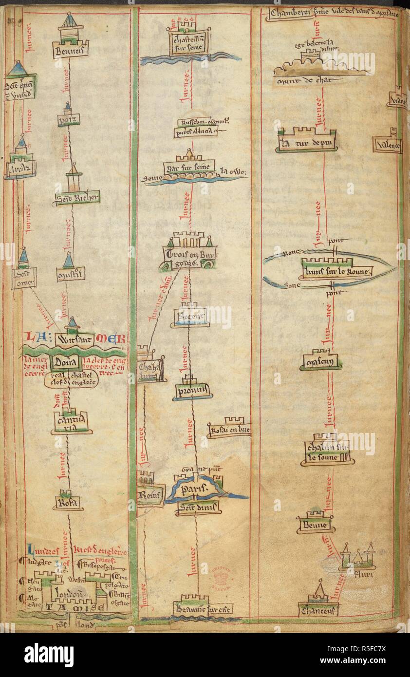 Itinerary from London to Rome, Naples and Apulia. Liber Additamentorum. England [St Albans]; circa 1250-1254. See f.184 for continuation. Source: Cotton Nero D. I, ff.183v. Language: Latin. Author: PARIS, MATTHEW. Stock Photo