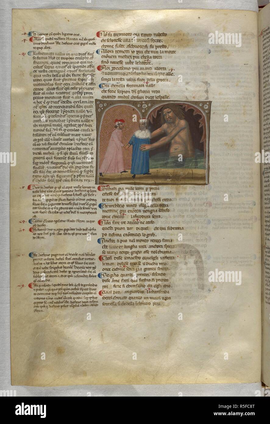 Inferno: Virgil guides Dante into the arms of the giant Anteus. Dante Alighieri, Divina Commedia ( The Divine Comedy ), with a commentary in Latin. 1st half of the 14th century. Source: Egerton 943, f.56v. Language: Italian, Latin. Stock Photo