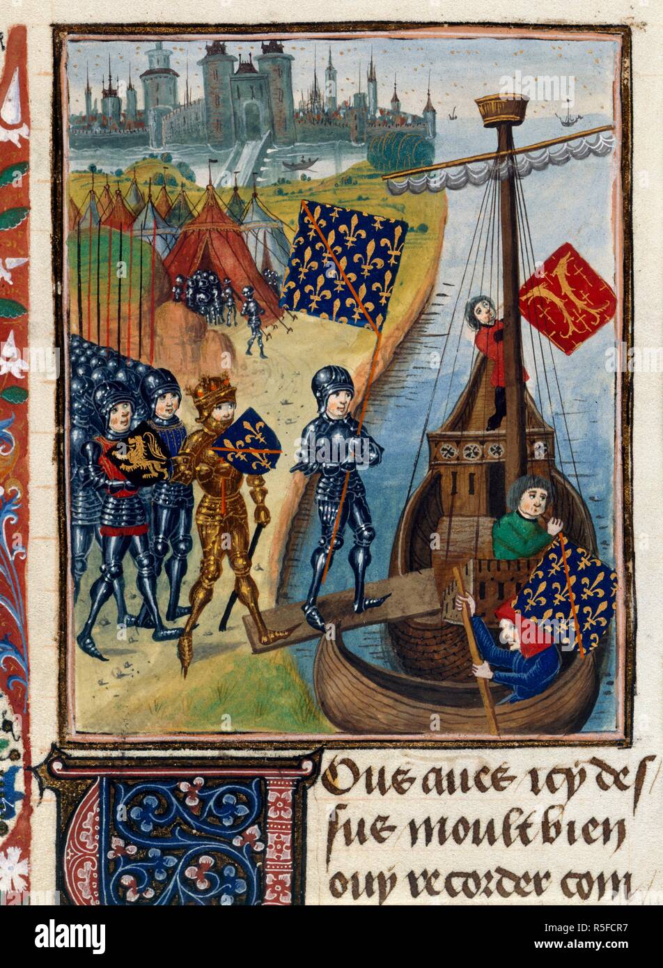Siege of pirate stronghold. Chroniques, Vol. IV, part 1 (the 'Harley Froissart'). (Froissart's Chronicles). S. Netherlands (Bruges), 1470-1475. (Miniature) The raising of the siege of the pirate stronghold in North Africa (Mahedia).  Image taken from Froissart's Chronicles (Volume IV, part 1).  Originally published/produced in S. Netherlands (Bruges), 1470-1475. . Source: Harley 4379, f.104v. Language: French. Author: FROISSART, JEAN. Stock Photo