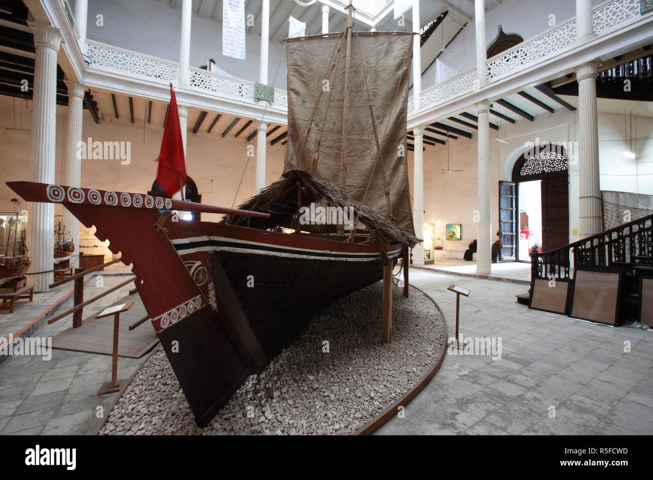 Zanzibar, Tanzania. A Traditional Dhow boat on dislay inside The House of Wonders National Museum in Stone Town Stock Photo
