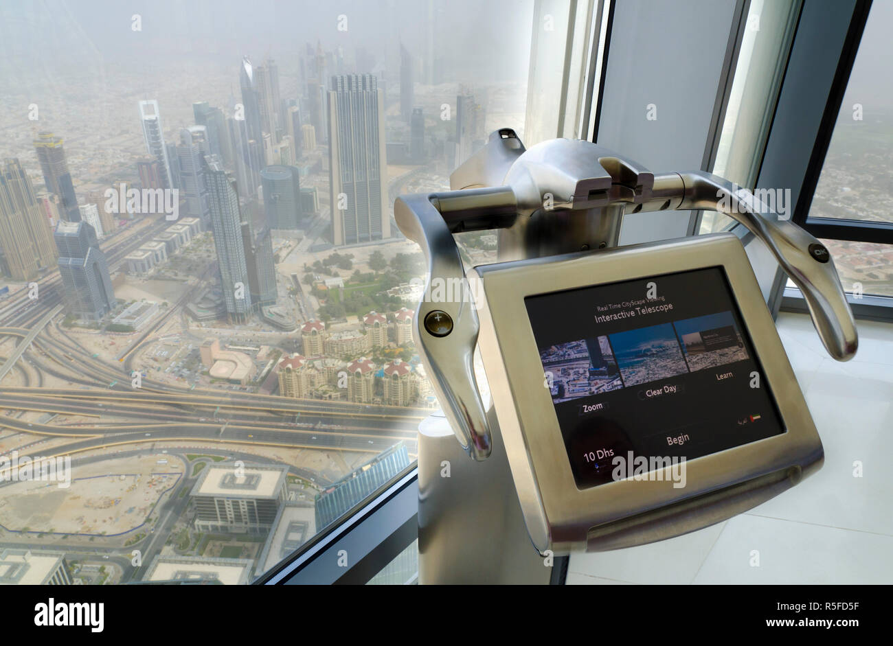 UAE, Dubai, Sheikh Zayed Road from Burj Khalifa, A Behold Telescope