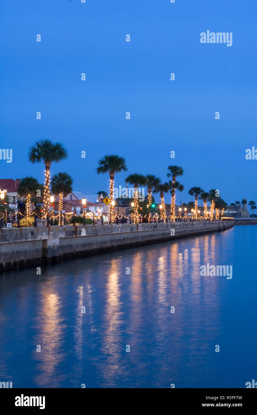 USA, Florida, Saint Augustine, 'Nights of Lights' Christmas Celebration, Palm Trees, Christmas  Lights Stock Photo