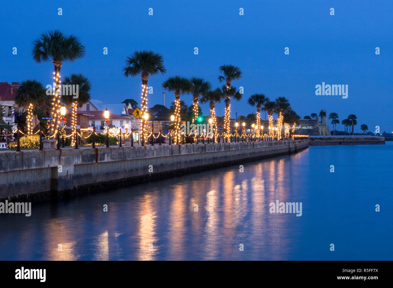 USA, Florida, Saint Augustine, 'Nights of Lights' Christmas Celebration, Palm Trees, Christmas  Lights Stock Photo