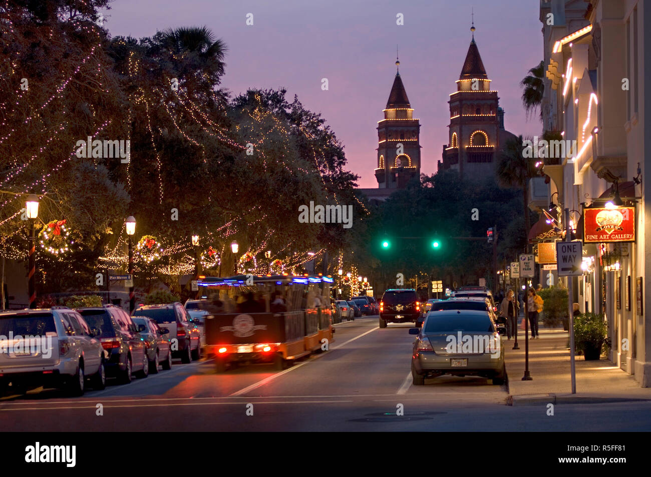 USA, Florida, Saint Augustine, 'Nights of Lights' Christmas Celebration, Flagler College Twin Turrets, Cathedral Plaza Stock Photo