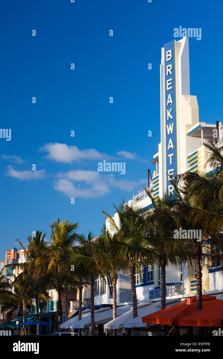 USA, Miami Beach, South Beach, art deco Breakwater Hotel sign, Ocean Drive Stock Photo