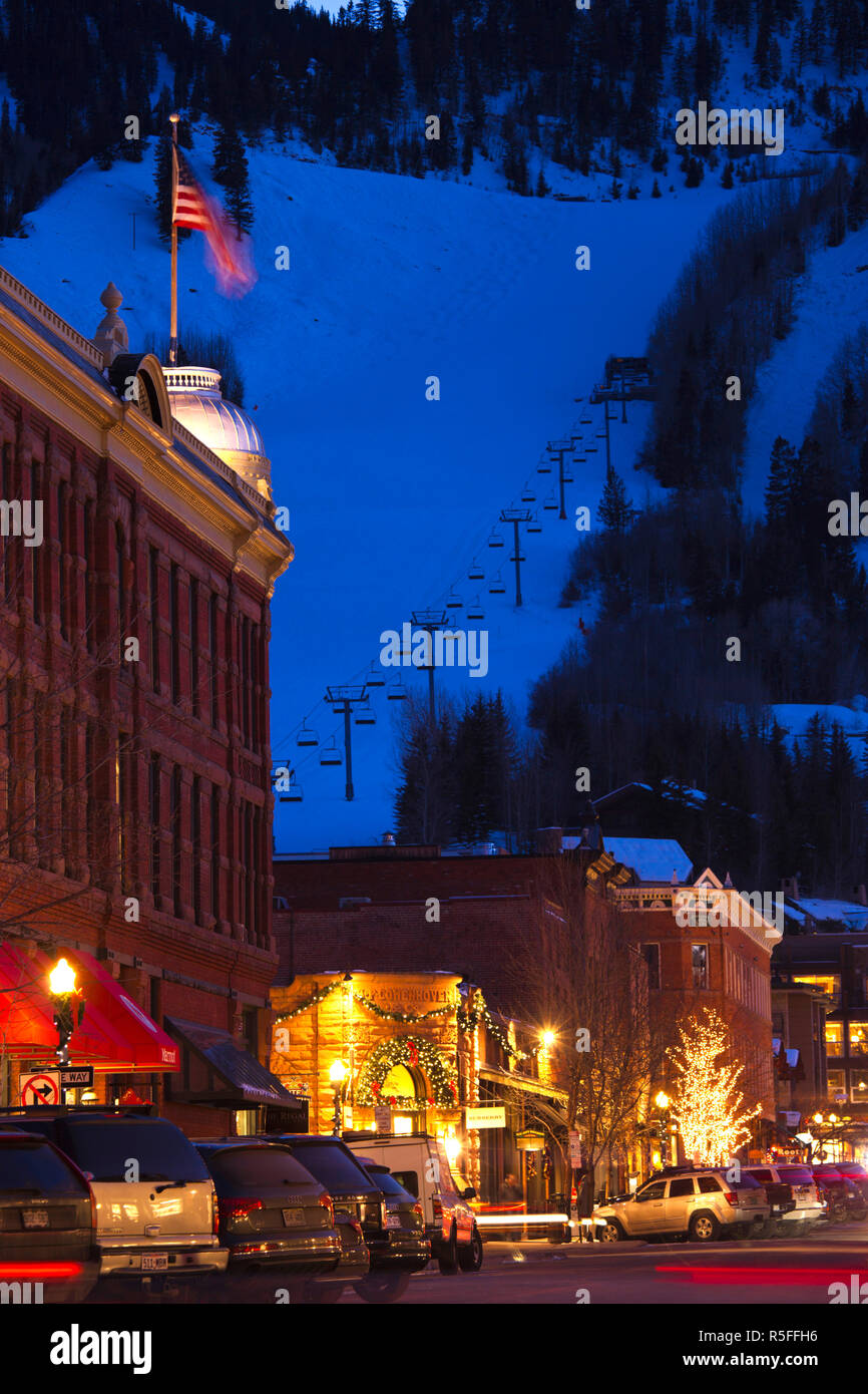 USA, Colorado, Aspen, South Galena Street and Aspen Mountain Stock Photo