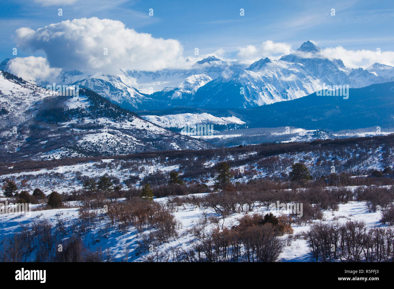 USA, Colorado, Dallas Divide, winter view of Mount Sneffels Wilderness Stock Photo