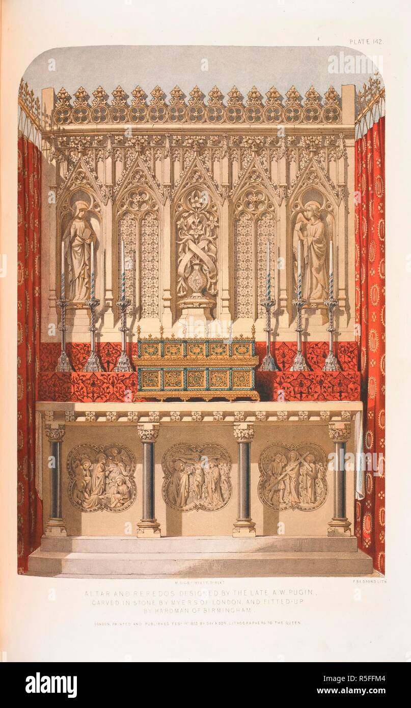 An altar and reredos designed by the A.W. Pugin. Dickinsonâ€™s Comprehensive Pictures of the Great Exhibition of 1851, from the originals painted for ... Prince Albert, by Messrs. Nash, Haghe and Roberts. London, 1854. Source: Cup.652.c.33 vol.2, plate 142. Language: English. Author: Bedford. Stock Photo