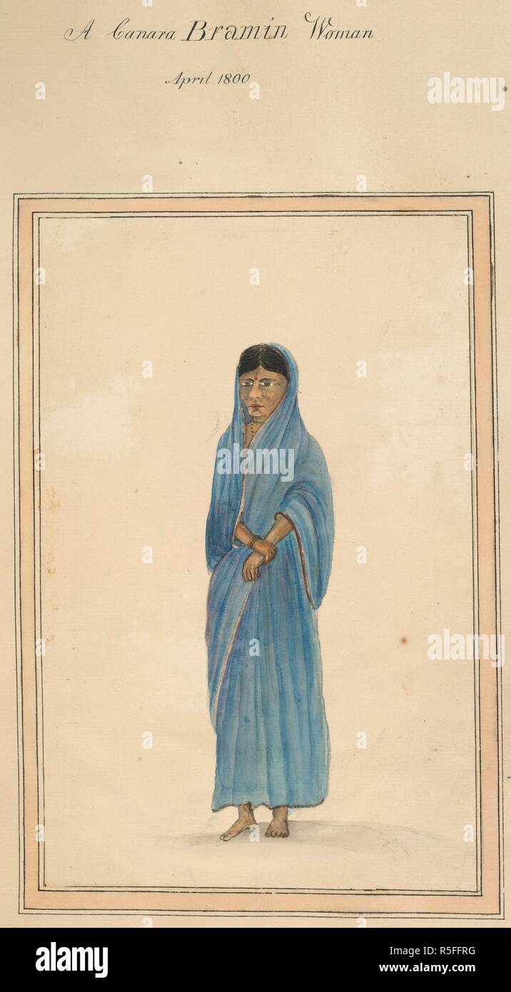 A Canara Bramin Woman. Album of 82 drawings depicting the costume of vari. 1800 - 1801. A Canara Bramin Woman. April 1800.  Image taken from Album of 82 drawings depicting the costume of various castes in Balaghat, Carnatic. 1800-01.  Originally published/produced in 1800 - 1801. . Source: WD 1069, f.16(13). Stock Photo