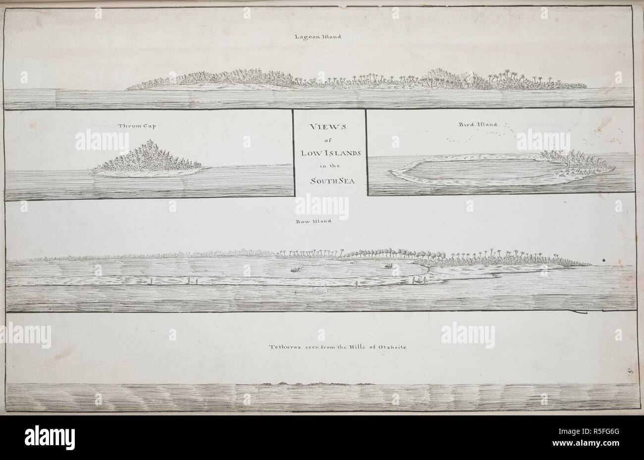 Five small views of Islands in the South Seas, viz.:-- Lagoon Island, Thrum Cap, Bird Island, Bow Island, and Tethuroa, as seen from the hills of Otaheite; drawn by Lieut. James Cook, in his first voyage, 1768-1771. Charts, Plans, Views, and Drawings taken on board the Endeavour during Captain Cook's First Voyage, 1768-1771. 1768-1771. Source: Add. 7085, No.5. Stock Photo